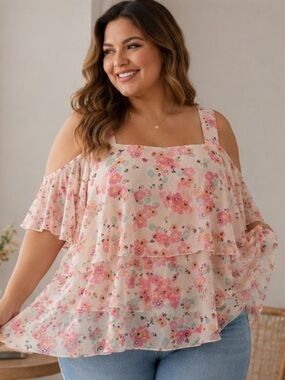 Pink/Orange Floral Ruffle Cold-Shoulder Blouse